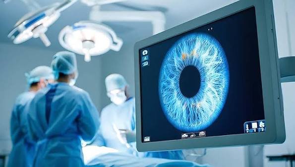 Écran haute définition au bloc opératoire affichant la structure oculaire de la cornée pendant une chirurgie laser chez PremiumVision à Casablanca